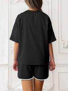 Women's Two Piece Short Top Contrast Trimmed Drawstring Shorts Summer Matching Set - màu đen - Xem 2