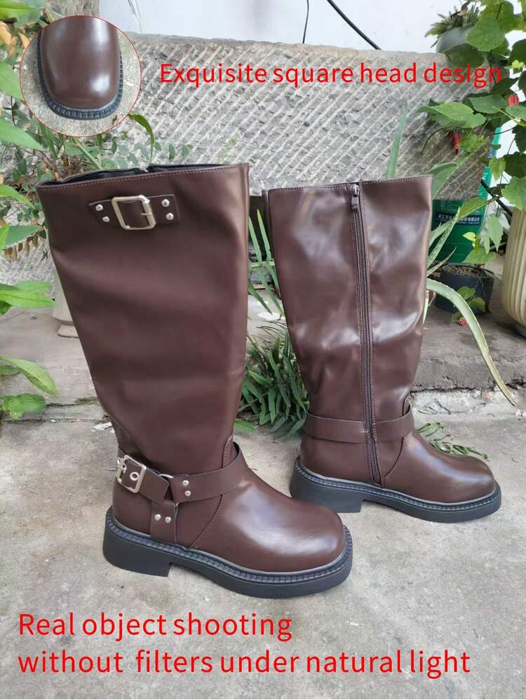 planare Botas de moda para mujer otoño/invierno 2025 a juego con suéter, botas casuales de moda para mujer con cremallera lateral y hebilla, color marrón, tacón grueso, estilo western, zapatos de goma, botas altas hasta la rodilla, botas hasta el tobillo - Marrón - Añade 5