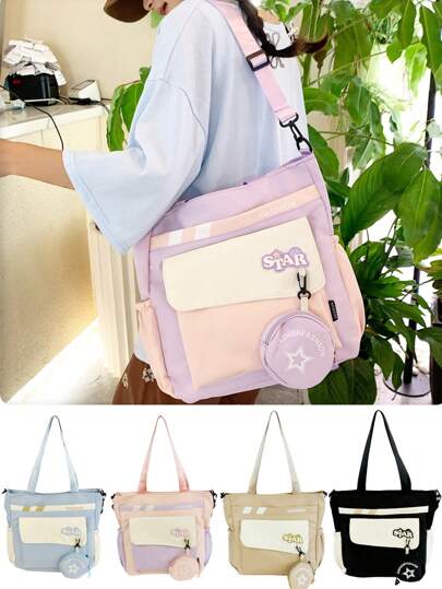 1 حقيبة كبيرة السعة متعددة الأقسام بتصميم نجمة صغيرة مع محفظة نقود. حقيبة تنقل متعددة الجيوب. تصميم ألوان متباينة وأنيق. حقيبة يد كبيرة ذات هيكل واسع. حقيبة حمل متعددة الاستخدامات لكل يوم. حقيبة تسوق فاخرة للمكتب والكلية والاستخدام اليومي.