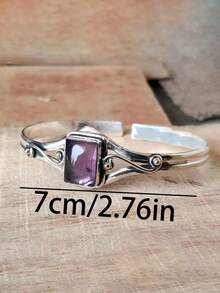 1pc Hollow Geometric Inlaid Square Purple Crystal Open Bangle Bracelet, Vintage Silver-Tone, Fashionable For Women's Daily, Party, Gathering Wear, New Autumn/Winter Jewelry Gift - Màu Bạc Cổ - Xem 3