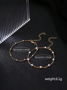 Nooxian 2pcs/Set Gold Jewelry Fashion Simple Faux Pearl Delicate Chain Bracelet Set, Layered Bracelet Jewelry Gift For Women (Pearl Bead Quantity Random)