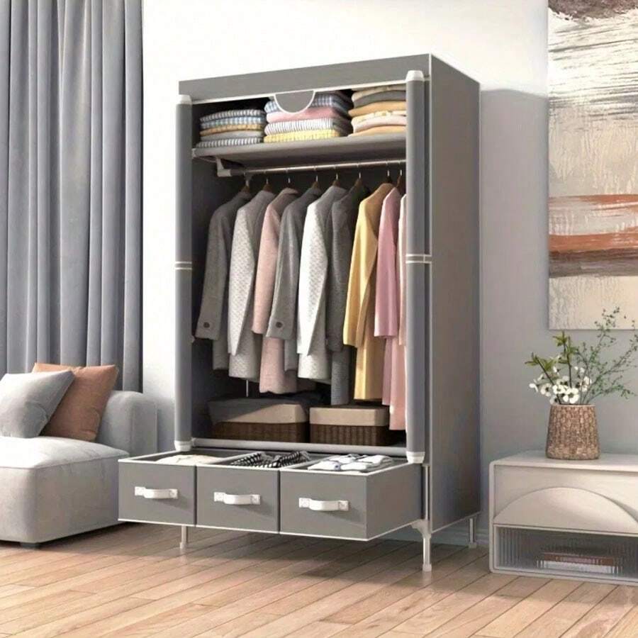 Portable Clothes Closet Rolling Door Wardrobe With Hanging Rack Non-Woven Fabric Storage Organizer With Three Drawer Boxes No-Tool Assembly - 67in*35.4in*17.7in(Gray) - Xám - Xem 1