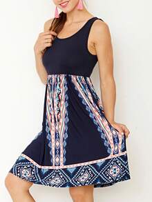 Vintage Boho Sleeveless Summer Mint Pink Color Block Shift Short Swing Aline Southern Dress | 1 XL - 3 XL Plus - 海軍藍和珊瑚色 - 查看 1