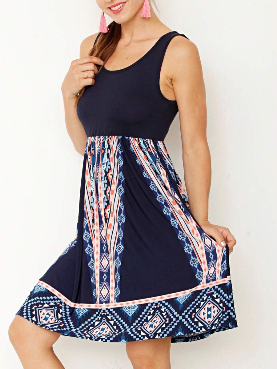 Vintage Boho Sleeveless Summer Mint Pink Color Block Shift Short Swing Aline Southern Dress | 1 XL - 3 XL Plus - 海軍藍和珊瑚色 - 查看 1