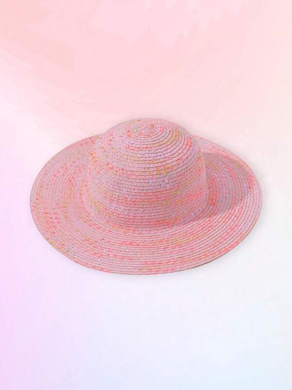 1pc Girls' Handmade Crochet Embroidered Spray-Painted Bow Decor Cute Wide Brim Round Hat, Matching Parent-Child Outings