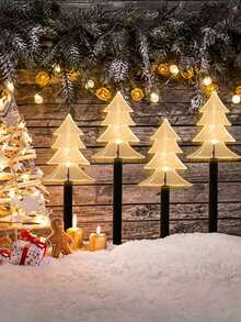 1 Pack Of 5 Solar Powered LED Christmas Tree Path Lights - Warm White, 5-Pointed Star/Snowflake Design, Outdoor Waterproof Holiday Decor, Auto Solar Charging During Day, Auto Lighting At Night, Ground Lighting, Easy Installation, No Wires Needed, Ideal For Winter Parties, Home, Pathways, Gardens, Walkways, Patios, Planters, Sidewalks, Christmas, Holidays, New Year, And Lawn Ambiance Lighting