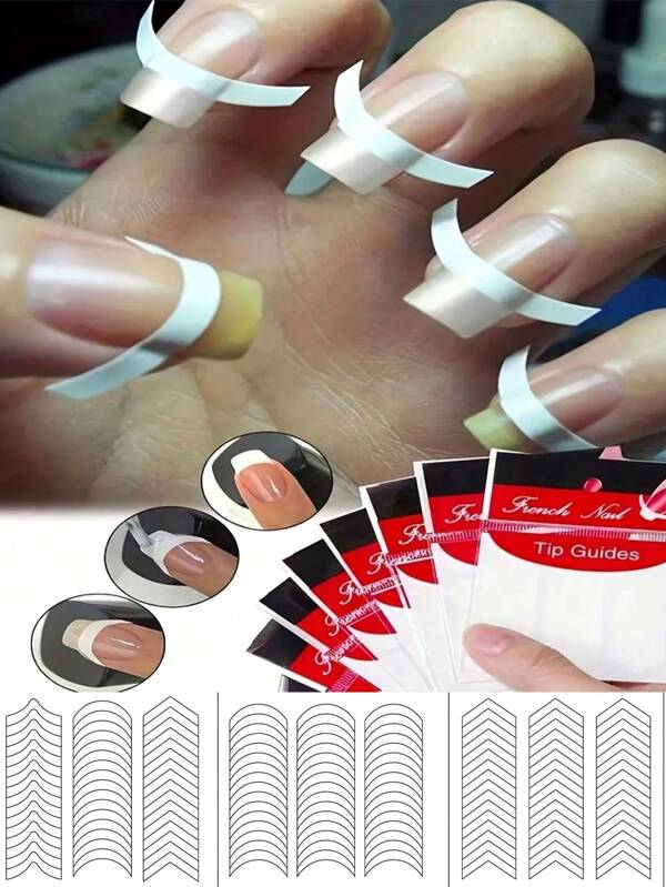 480 Pcs (10 Sheets) French Nail Art Stickers With Wavy Circular Patterns And Nail Polish & Glitter Application Templates To Create French Manicure Without Spilling