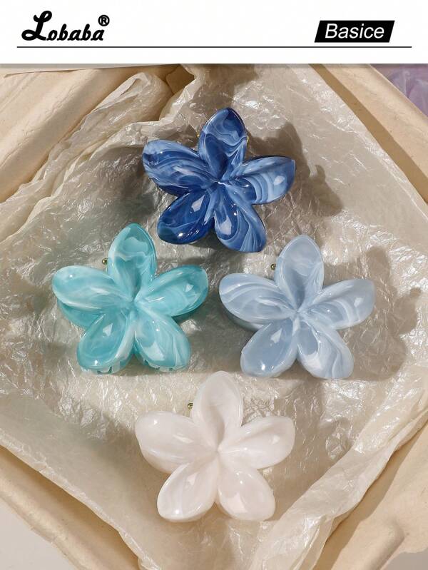 4pcs Blue Marble Floral Bohemian Style Hair Clips, Simple & Sweet Hair Accessories Fashion Claw Clips Women Hair Clutch Ladies Hair Clamps Elegant Hair Jaw Clip Autumn Accessories Fall Fashion Hair Claw Winter For Vacation Outfits Woman