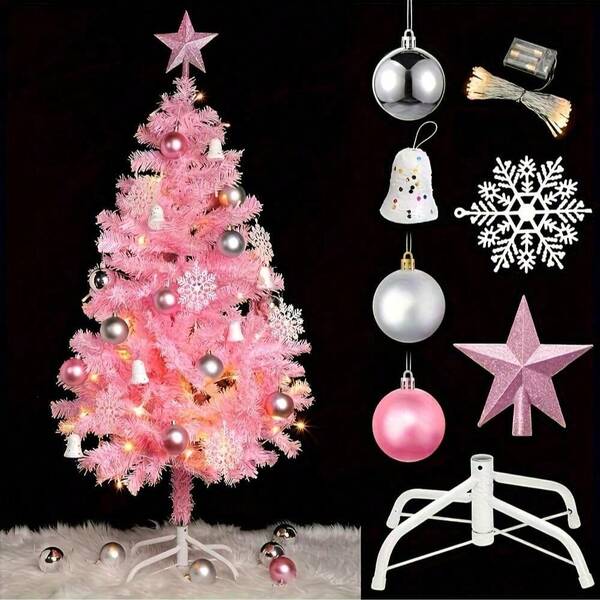 1 pieza Árbol de Navidad rosa con luces incluye árbol de Navidad artificial rosa de 4 pies (con pies de metal), guirnalda de luces, 31 piezas de accesorios de decoración navideña para el hogar y fiesta de Navidad