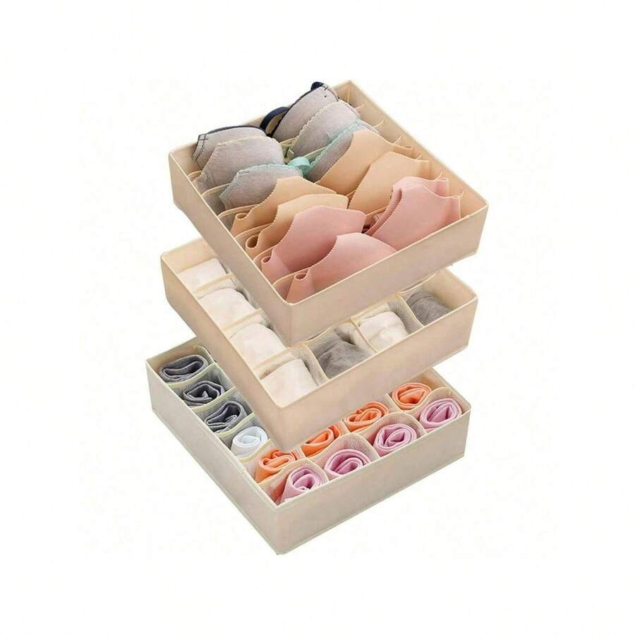 Bra Socks Underwear Organizer 3 Packs, Foldable Closet Organizer Drawer Soft Fabric Dresser Drawer Divider Bins For Bra Underwear Socks Ties Lingerie (Beige) - Beige-Set of 3 - View 1