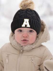 1pc Baby & Toddler Letter Pom Pom Knit Hat, 26 Letters Available, Knitted Cap, Suitable For Baby Boys & Girls Everyday Wear In Autumn/Winter - Black - View 3