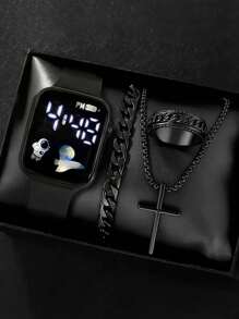 4件套，1件全新LED数字心形电子手表和3件十字/箭头合金戒指项链手链套装。万圣节、圣诞节、情人节、母亲节等节日礼物的最佳选择