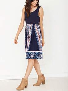 Vintage Boho Sleeveless Summer Mint Pink Color Block Shift Short Swing Aline Southern Dress | 1 XL - 3 XL Plus - 海軍藍和珊瑚色 - 查看 2