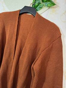Women's Knitted Winter Coat With Puff Sleeves, Simple, Knitted - Marrón - Ver 2