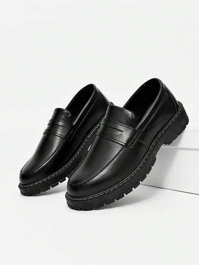 Men's Casual Thick Sole Slip-On Solid Black Leather Shoes, Wear-Resistant Student Flat Shoes, Formal Business Shoes, Minimalist Casual Loafers, Work Boots Old Money Chic Autumn
