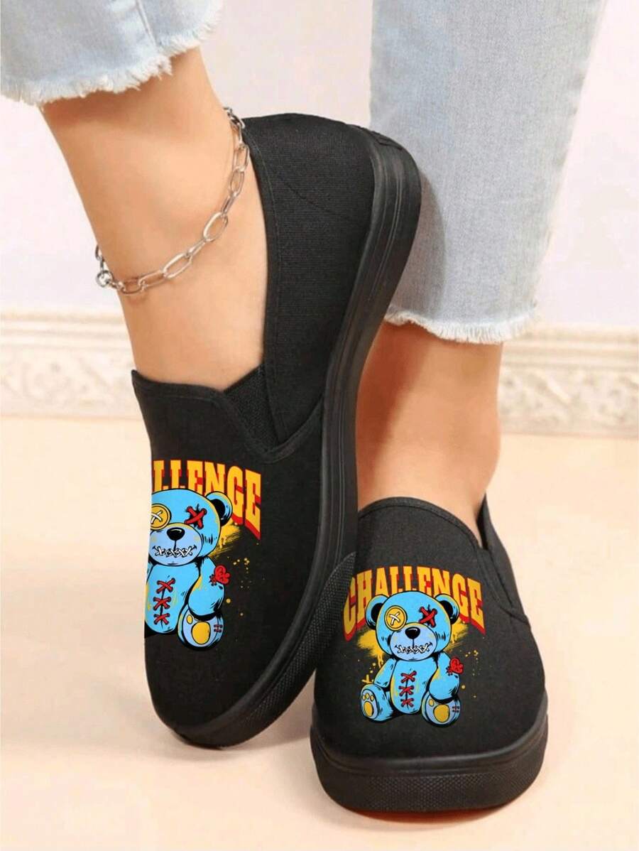 Tenis casuales para mujer, estampado gráfico urbano, punta redonda, sin cordones, suela plana, estilo streetwear para uso diario y salidas