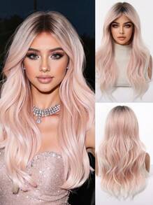 24 英寸大波浪假发，粉色渐变色，女士合成假发，时尚度假风格玫瑰网帽，耐热，外观自然