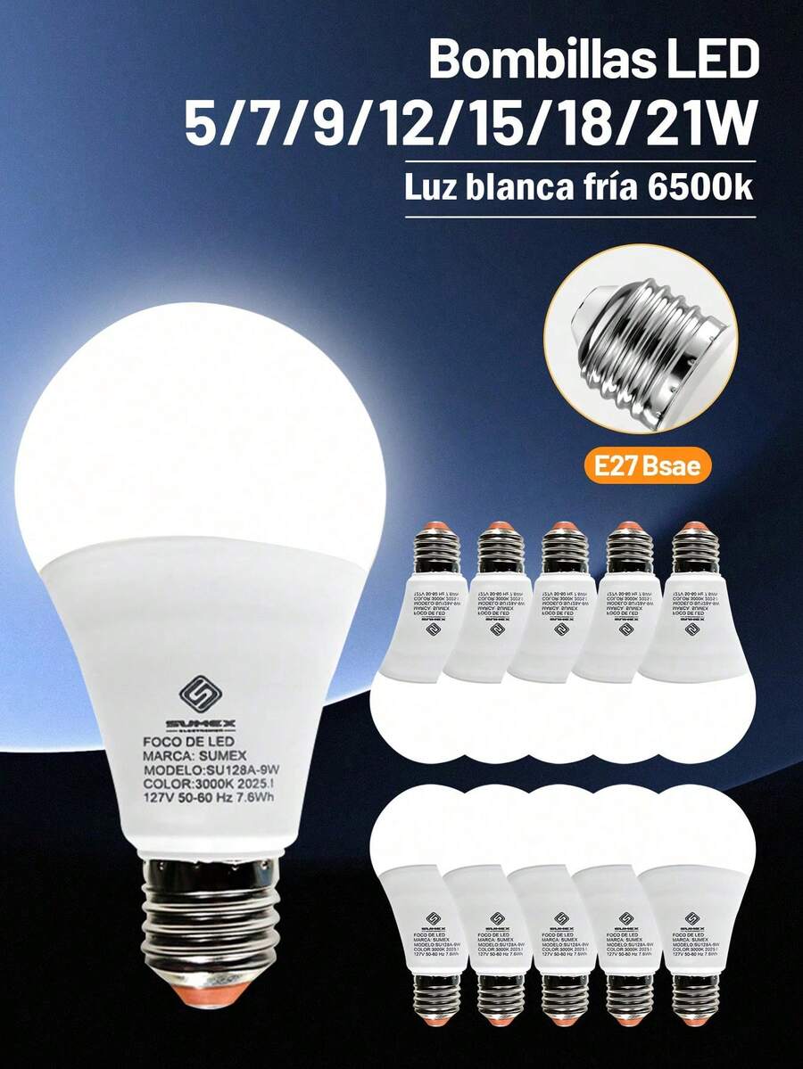 6500K White LED Bulb Soft Light 5/7/9/12/15/18/21W Optional Extra Long Power Low Energy Consumption E27 Base Easy Installation Suitable For Desk Lamp Bedroom Bathroom Hallway Installation - 7W - View 1