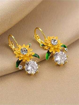 1 对向日葵锆石耳环，波西米亚风格优雅耳饰，适合女性日常佩戴