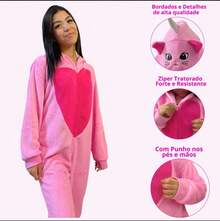 Pijama Fofinho Fleece Macacão Infantil Gatinha Rosa Kigurumi Feminino Meninas Original - Rosa Bebê - Visão 1