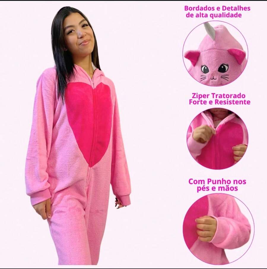 Pijama Fofinho Fleece Macacão Infantil Gatinha Rosa Kigurumi Feminino Meninas Original - Rosa Bebê - Visão 1