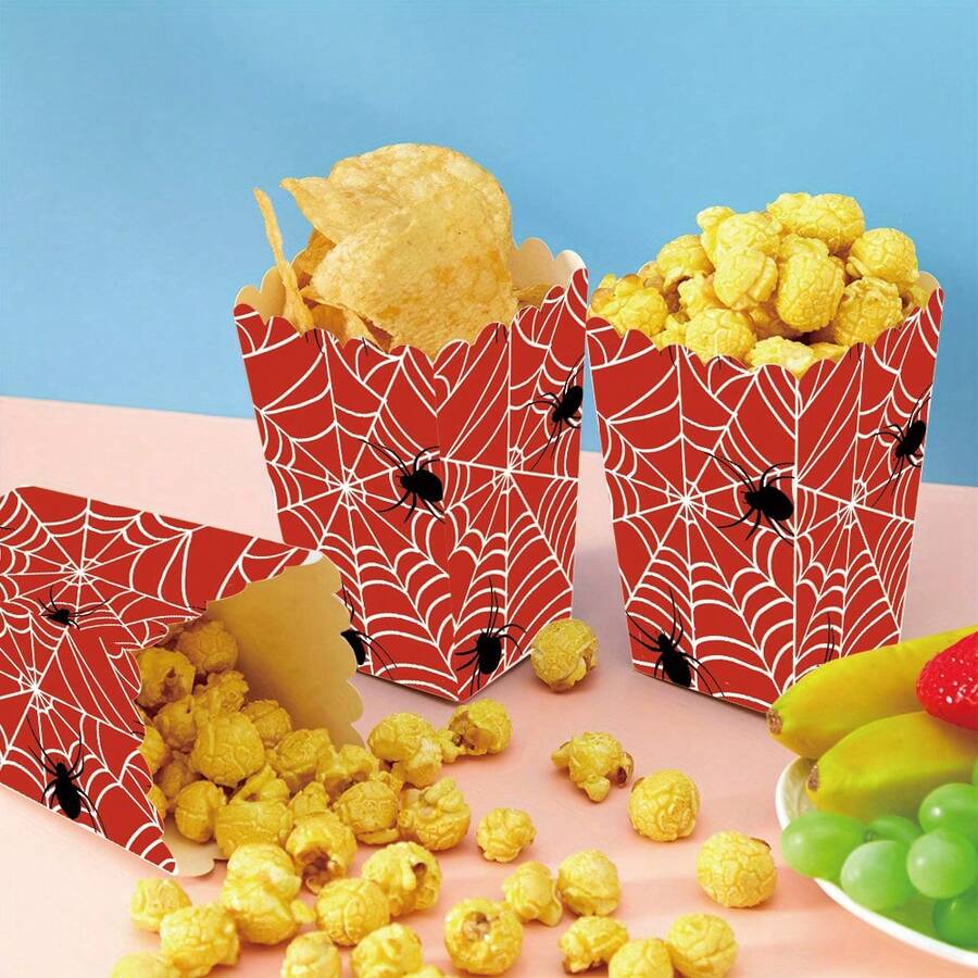 10Pcs/20Pcs/50Pcs, Red Background Mini Spider Web Spider Box Paper Popcorn Boxes, Popcorn Cup, Food Snack Box, Wedding Birthday Baby Shower Disposable Tableware, Suitable For Halloween Party Picnic Camping, Home Kitchen Restaurant Table Supplies - Red - View 1