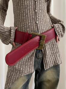 1pc Women's Burgundy Vintage Wide Buckle Leather Belt Fall, Autumn, Halloween