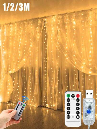 1 pieza Luces de cortina de 3M con 100/200/300 LED, con enchufe USB, 8 modos de luz cálida/blanca, con control remoto, adecuado para decoración de habitaciones, fiestas, bodas, paredes blancas, y decoraciones navideñas, de Halloween, Acción de Gracias, regalo de guirnaldas de luces de hadas