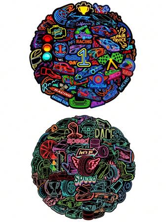 50/100 件炫酷霓虹风格跑车涂鸦贴纸 PVC 防水材质适用于汽车装饰派对装饰，自粘贴纸，适用于剪贴簿、笔记本电脑、行李箱、吉他、水瓶、手机壳都市青年时尚装饰