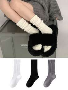 1 Par / 3 Pares de Medias de Felpa Burbujeante de Colores de Moda para Damas, Calcetines Cómodos, con Estilo Clásico Europeo, Estilo Casual y Estilizante de Longitud Media, Muy Versátil, Adecuado para la Temporada Escolar - Multicolor - Ver 14