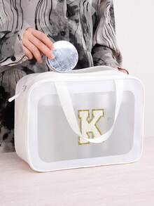 1个个性化字母化妆包,大容量便携收纳袋,适用于浴室、淋浴和旅行 - 防水、多功能、便携式沙滩旅行洗漱包,时尚字母图案,送给少女和女性的礼物,透明收纳袋,适合旅行和返校季 - 透明款-白色 - 查看 4