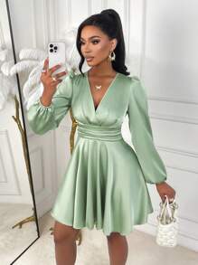 Amarilo Women's Autumn And Winter Elegant Solid Color V-Neck Slim Fit A-Line Puff Sleeve Satin Glossy Short Dress, Suitable For Parties And Daily Commuting Halloween Christmas