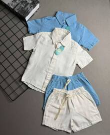 KIT 2 Conjunto Infantil Linho Camisa e Short Menino 4 Peças
