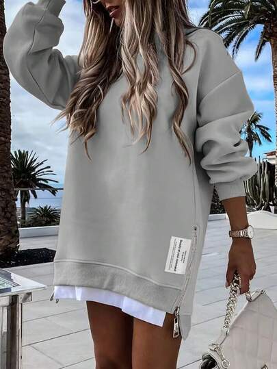 ChicMe Dam Rund halsringning Långärmad Pullover Klänning Dragkedja Slits Design Imiterad Tvådelad Enfärgad Casual Oversize Outfit För Daglig Gata