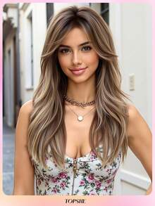 Großzügige und temperamentvolle 50 cm lange Perücke aus hitzebeständigem synthetischem Material in Leinenbraun mit Pony und lockiger Frisur, geeignet für Alltag, Partys und Reisen