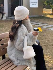 女士厚保暖内衬人造毛皮护耳针织帽，百搭休闲涤纶柔软无檐便帽，秋冬 - 帽子 - 查看 5