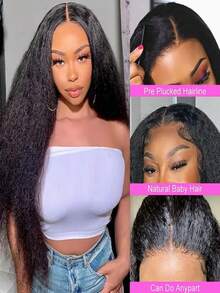 Kinky Straight Wig Human Hair 13x4 Hd Transparent Lace Front Wigs Human Hair Pre Plucked With Baby Hair Yaki Straight Frontal Wigs For Women 200 Density Human Hair Wig Glueless Brazilian Virgin 40 Inch - Natural Black - Xem 3