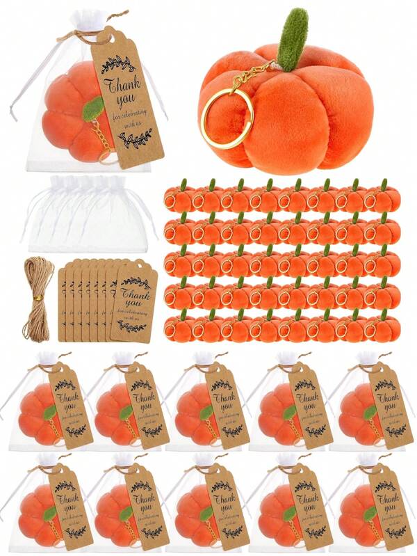 10pcs Plush Pumpkin Keychains, Halloween Autumn Pumpkin Shower Party Favors, Includes Pumpkin Shaped Plush Keychains, Thank You Kraft Paper Tags, And Clear Organza Bags, Suitable For Autumn Thanksgiving Halloween Shower Decor