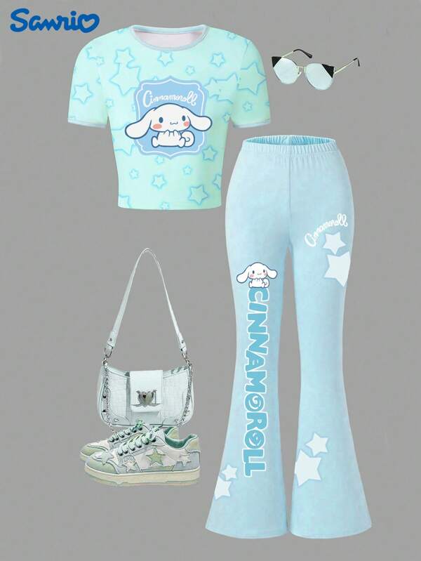 Sanrio Sanrio Kuromi Girls Star Print Crew Neck T-Shirt + Slim Flare Pants 2 Pieces Set
