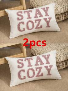 1pc/2pcs "STAYCOZY" Letter Phrase Pillow Cover, Double-Sided Chenille Fabric, Nordic Style Flocked Embroidery, Suitable For Bedroom, Living Room, Outdoor Garden, Holiday Party Decoration, Without Pillow Insert, 30*50cm, 45*45cm