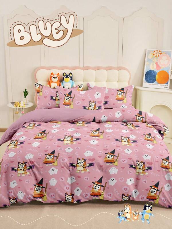 Bluey Juego de funda nórdica de 2/3 piezas de Bluey, estampado de dibujos animados Bluey, juego de ropa de cama acogedor y antipilling, funda de edredón suave y transpirable, rosa, estilo de dibujos animados, juego de funda nórdica, para camas individuales, gemelas, dobles, queen y king, apto para todas las estaciones, decoración encantadora y bonita de ropa de cama Bluey para dormitorio, dormitorio, decoración, lavable a máquina, de vuelta al colegio