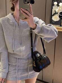 復古荔枝紋理手提保齡球包，秋冬百搭時尚女款上班通勤斜挎枕頭包 - 黑色 - 查看 3