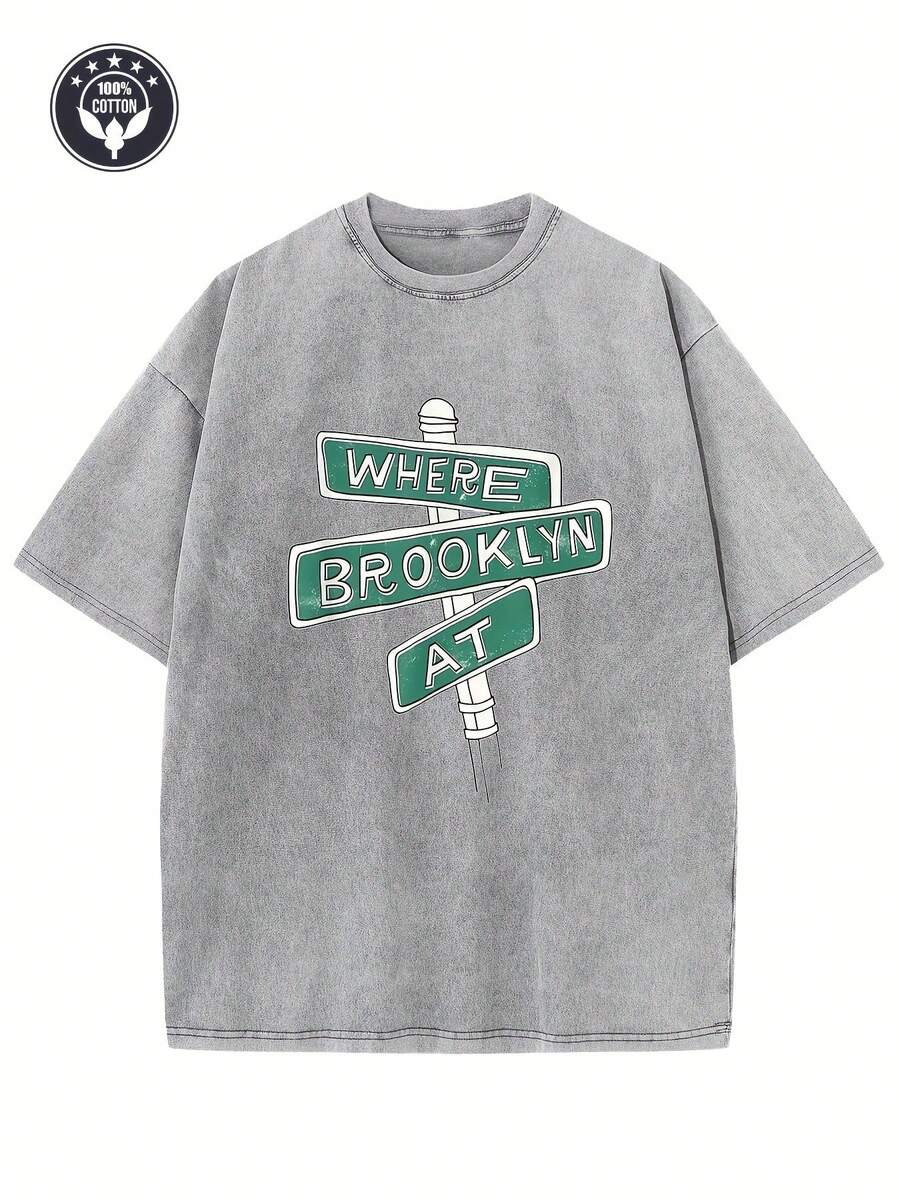 Vintage Creative Pattern "WHERE BROOKLYN AT" Printed Washed T-Shirt Heavyweight 230g Pure Cotton Washed T-Shirt Drop Shoulder T-Shirt Women's Vintage Street T-Shirt Basic T-Shirt Loose Hip-Hop Unisex Top Washed Vintage T-Shirt - 淺灰色 - 查看 1