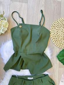 Luis Twill Two-Piece Casual Summer Set / With Padded Top And Wide-Leg Pants SP043 - 軍綠色 - 查看 2