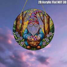 2D Flat, 1pc Easter Gnome Acrylic Suncatcher Wall Art Stained GlassStyle Decorative Plaque With Flowered Hat, Egg Basket & Whimsical Forest Scene, Pastel Hues & Polka Dots, 20.32cm X 20.32cm Home Office Decor, No Electricity Needed, Gnome Decor, Holiday Decoration, Polka Dot Accents, Artistic Craftsmanship, 2D Flat