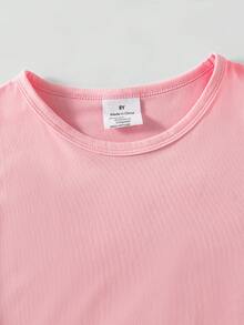 Young Girl Cute Casual Floral & Slogan Print Short Sleeve T-Shirt - Pink - View 4