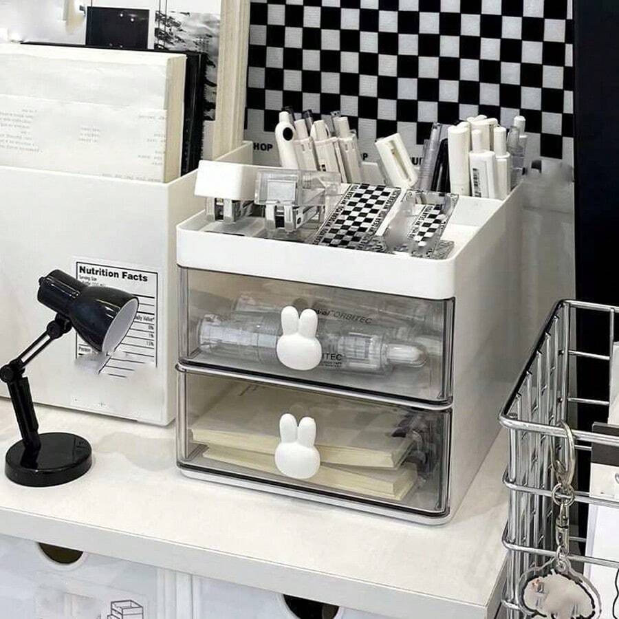1 pieza Caja de almacenamiento de conejo transparente de escritorio con cajón, portaplumas creativo, gran capacidad para niños, niñas, estudiantes, oficina