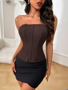 WOWDARK 女士夏季纯色无肩带网纱腰部休闲上衣，适合情人节、约会、聚会、派对、旅行、度假、海滩等场合。 - 棕色 - 查看 3