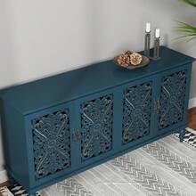 63'' Mid Century Vintage Sideboards Buffets Cabinet With 4 Doors Storage For Kitchen Dining Room, Blue - Blue - View 10