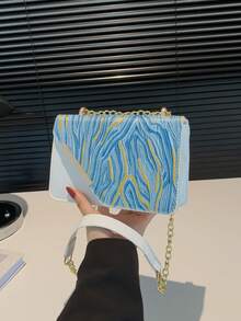 New For Summer 2025! Textured Colorblocked Small Square Bag - Four Colors Available, Fashionable And Unique Street Style! PU Bag, One Shoulder/Crossbody, Flap Design, Personalized Aesthetic Bag: Colorblocking Design, Perfect Interpretation Of Summer Street St - Blue - View 1